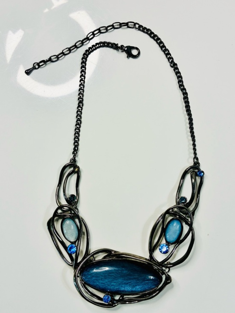 Statement Blue Stone Gunmetal Necklace - Women Jewelry Pre Loved - READ